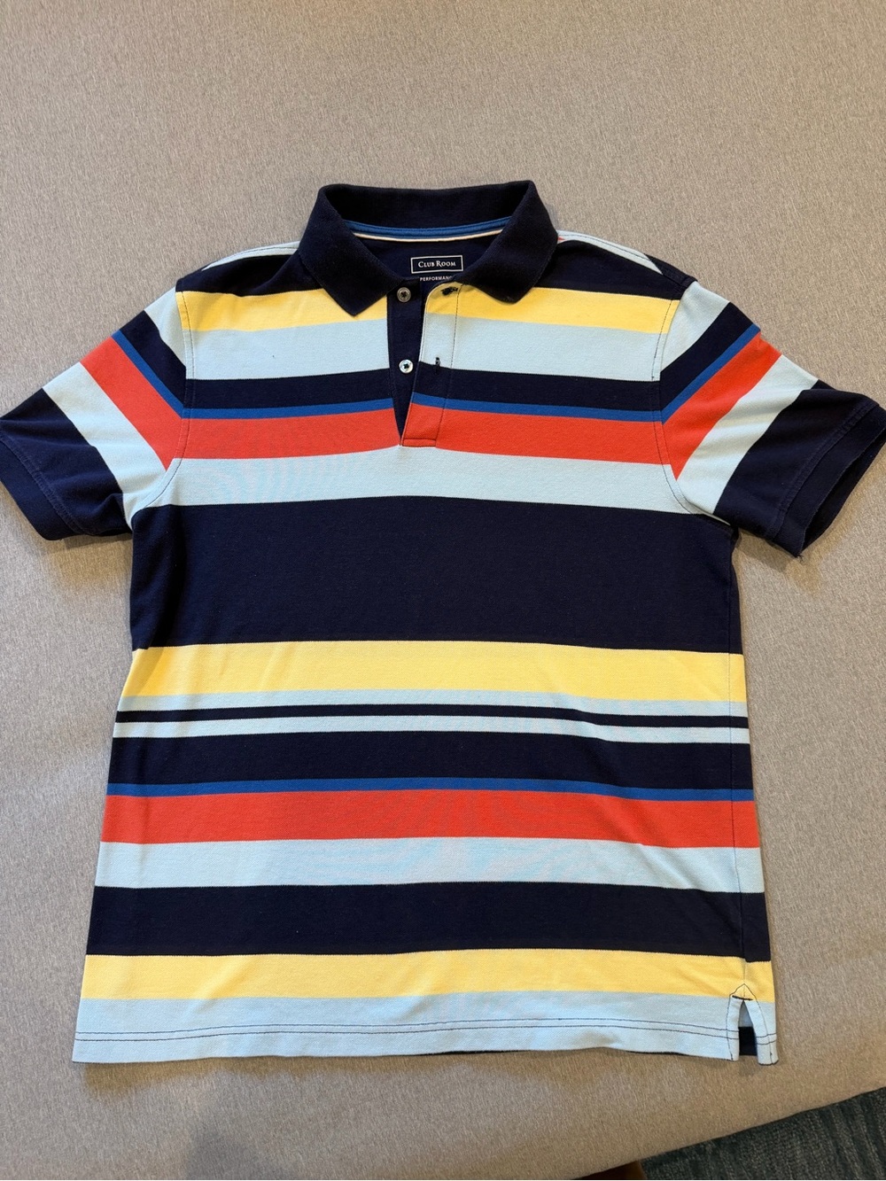 Club Room Navy Polo with Red, Yellow & Light Blue Stripes